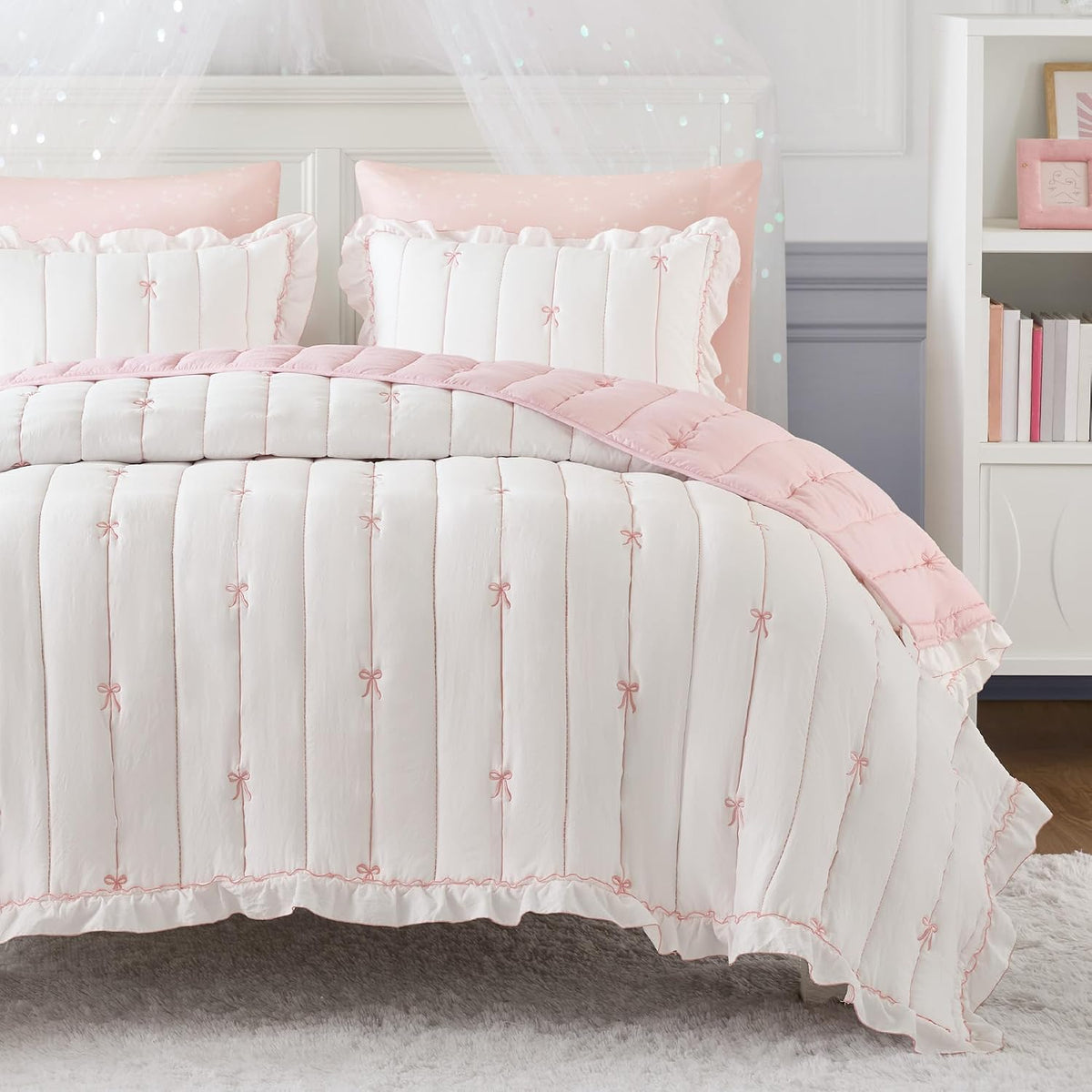 Intelligent Design Bow Embroidered Ruffle Pink Queen Quilt Set, 3pc
