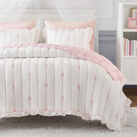 Intelligent Design Bow Embroidered Ruffle Pink Queen Quilt Set, 3pc