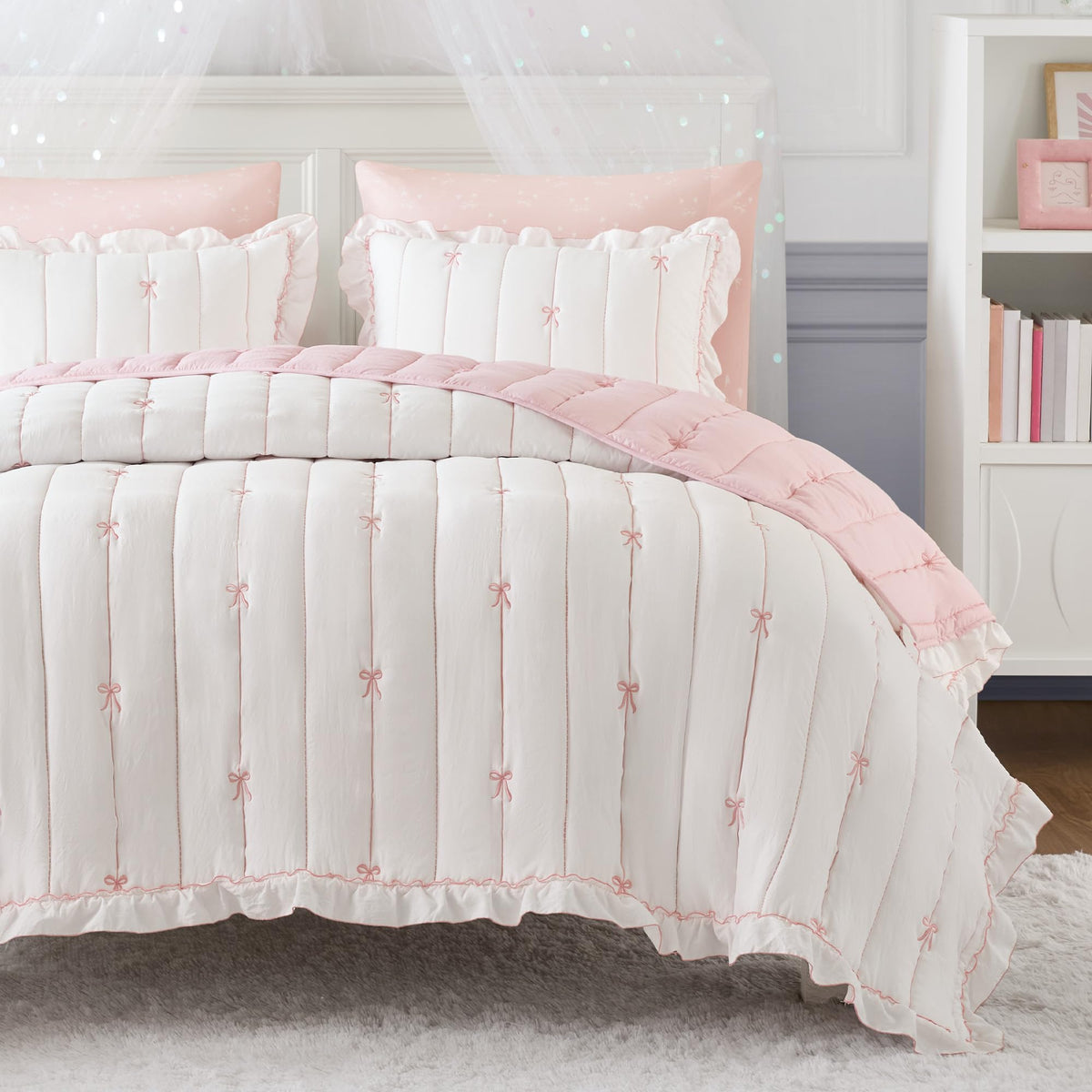 Intelligent Design Bow Embroidered Ruffle Pink Queen Quilt Set, 3pc
