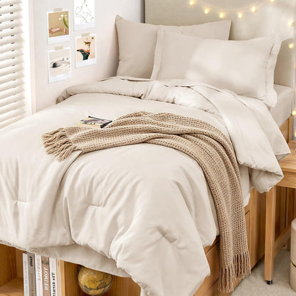 MUXHOMO Queen Comforter Set 7 Pieces, Soft Bed in a Bag, Beige
