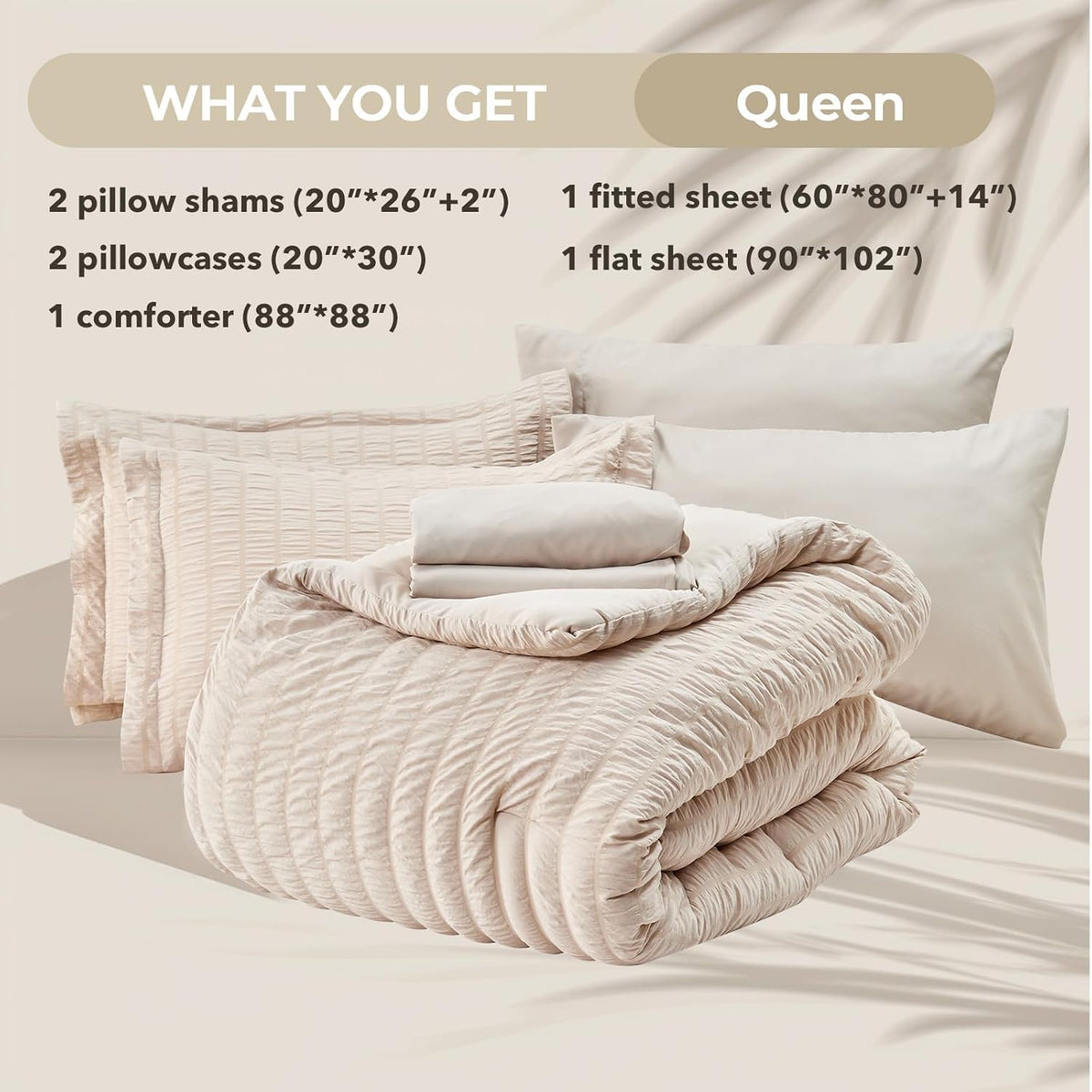 Queen Comforter Set - 7PCS Bed in a Bag, Seersucker Bedding Set, Beige