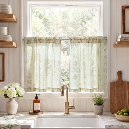 jinchan Linen Striped Tier Curtains for Kitchen Windows Green 26 x 24 inch