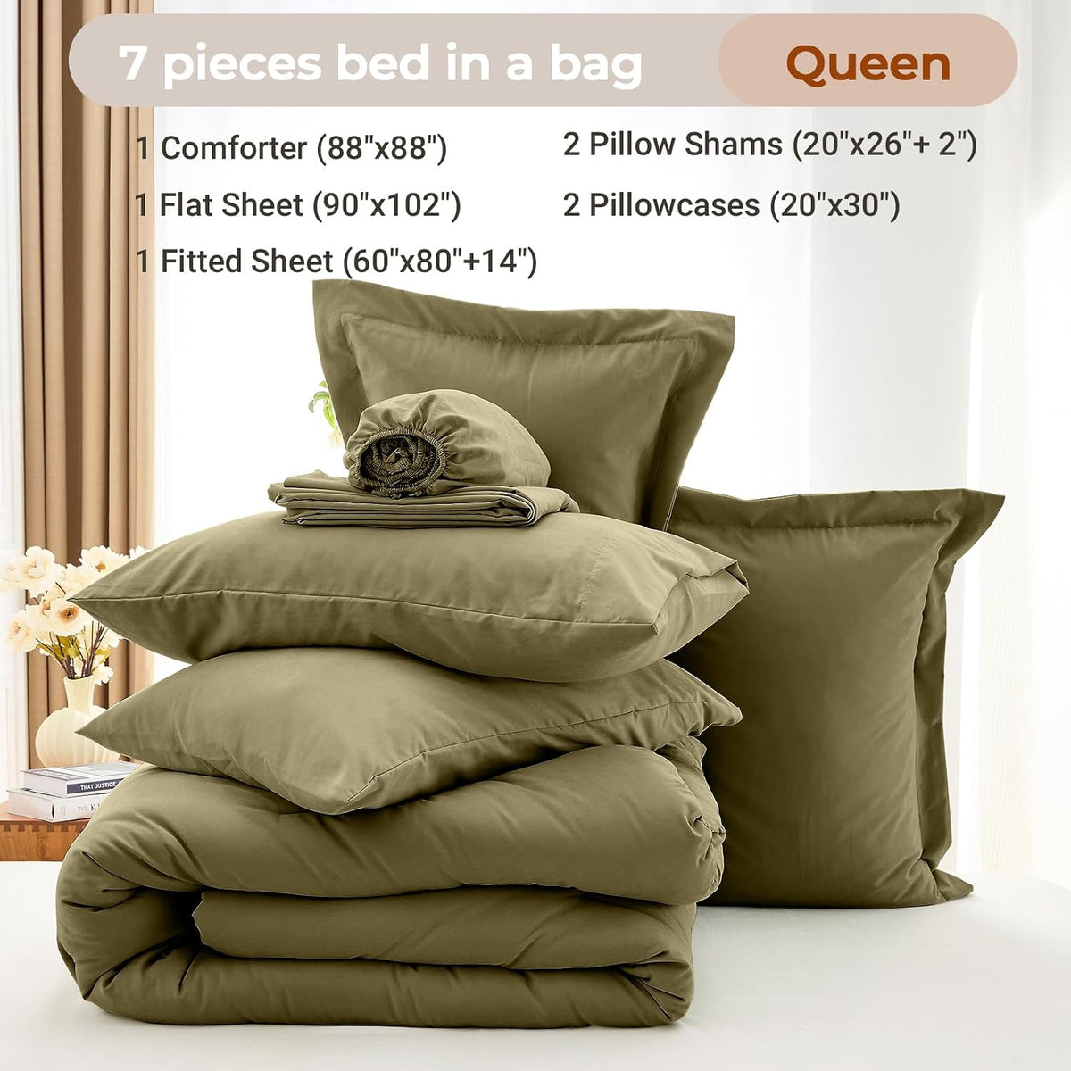 MUXHOMO Queen Comforter Set 7 Pieces, Soft Bed in a Bag, Olive Green