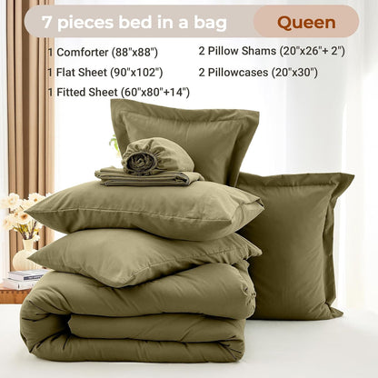 MUXHOMO Queen Comforter Set 7 Pieces, Soft Bed in a Bag, Olive Green