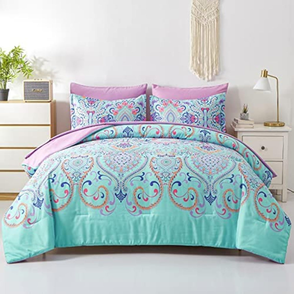 DHSFKBE Floral Comforter Set Queen Size,7 Piece Orange Bed in a Bag, Elegant Flower Pattern Comforter Set with Sheet, Soft Microfiber Complete Bedding Sets for All Season