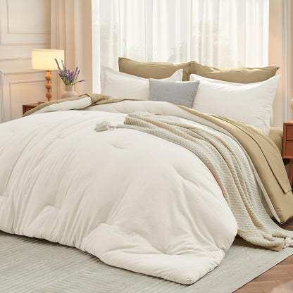 MUXHOMO Full Comforter Set 7 Pieces, Soft Bed in a Bag, Beige