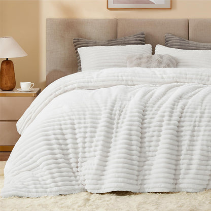 BEDELITE Fleece Full Comforter Set, Fluffy Bed Set, Cream White