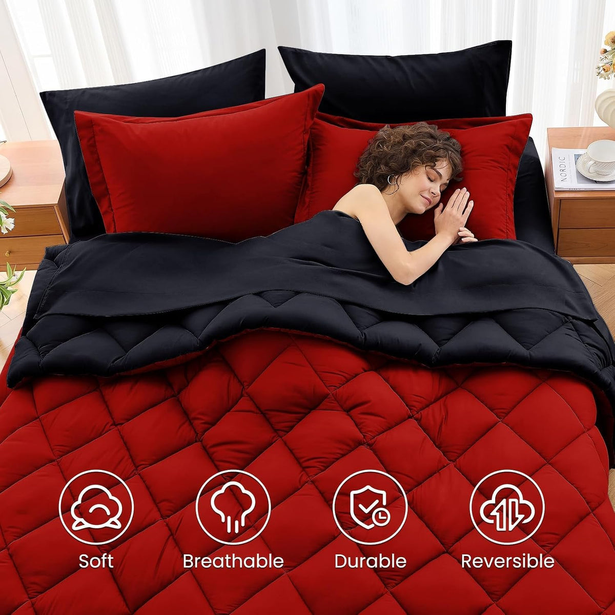 MUXHOMO Full Comforter Set 7 Pieces, Reversible Bed in a Bag, Red/Black