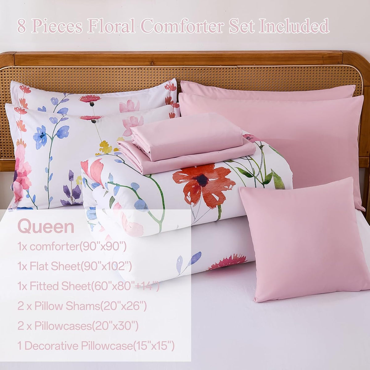 Annibedding Queen Comforter Set 8 Pieces Pink Floral Bed in Bag All Season