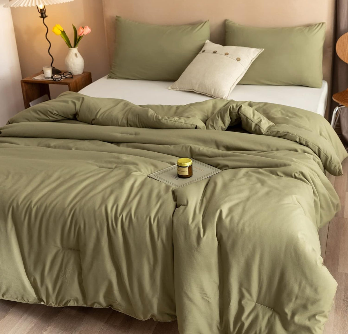 ROSGONIA King Size Comforter Set Olive Green, 3pcs (1 Boho Comforter & 2 Pillowcases), Lightweight Bedding Blanket All Season Bedspreads Quilt