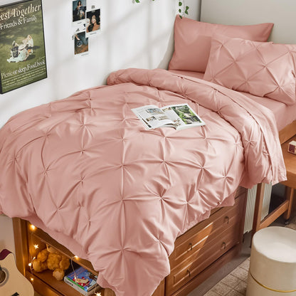 JOLLYVOGUE Queen Comforter Set 7 Pieces - Bed in a Bag Queen for All Season, Pintuck Bedding Comforter Sets with Comforter, Flat Sheet, Fitted Sheet and Pillowcases & Shams, Pink
