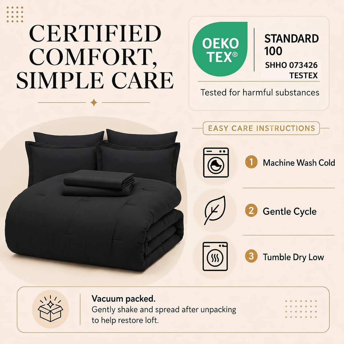 CozyLux Queen Comforter Set Black, 7 Pieces Bed in a Bag