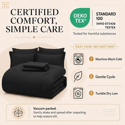 CozyLux Queen Comforter Set Black, 7 Pieces Bed in a Bag