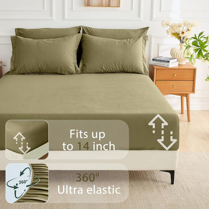 MUXHOMO Queen Comforter Set 7 Pieces, Soft Bed in a Bag, Olive Green