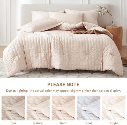 MUXHOMO Queen Comforter Set 7 Pieces, Seersucker Bed in a Bag, Beige