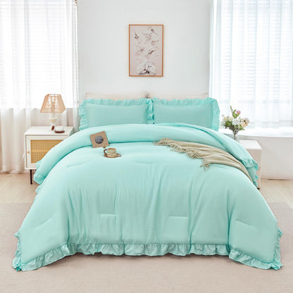 ANGIYUIN Light Blue Ruffle Girls Comforter Set Twin Size 5 Pieces Ruffled Farmhouse Bed in A Bag Solid Boho Bedding Comforter Sets Soft Fluffy Bed Sets for Kids Girl(Light Blue Twin)