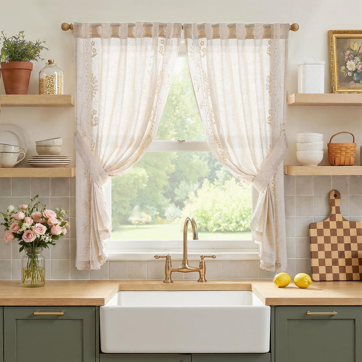jinchan Beige Floral Linen Kitchen Tier Curtains 50x45 Inch 2 Panels