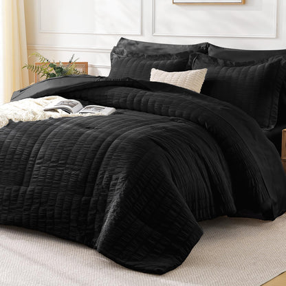 FreshCulture Comforter Set Seersucker 7 Pieces, All Season Bedding Set Queen, Bed in a Bag Comforter Set with 1 Comforter, 1 Flat Sheet, 1 Fitted Sheet, 2 Pillowcases and 2 Pillow Shams, Dark Grey