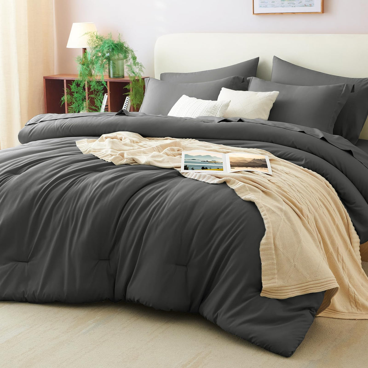 CozyLux Queen Comforter Set Black, 7 Pieces Bed in a Bag