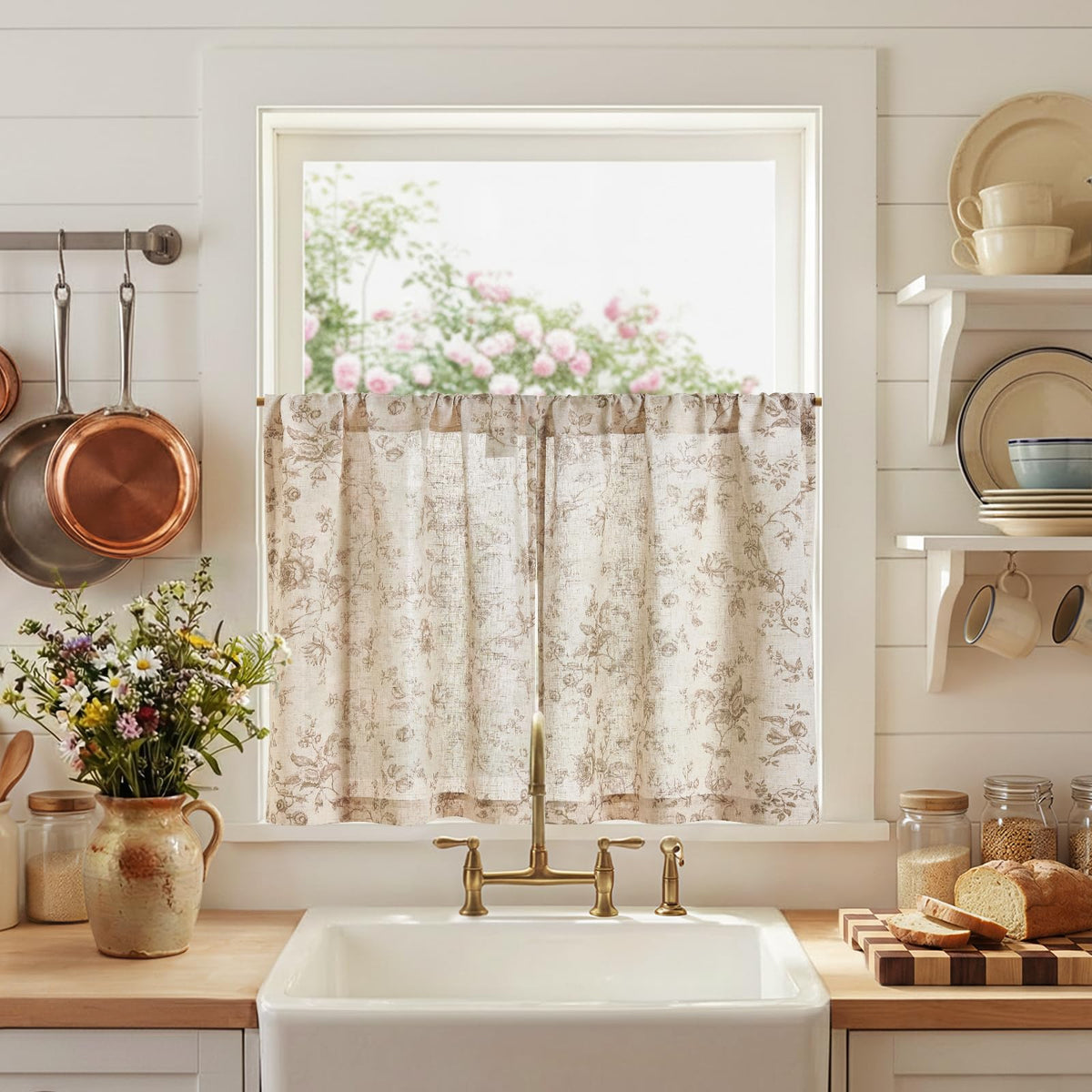 jinchan Floral Linen Kitchen Tier Curtains, 24 Inch, 2 Panels, Green
