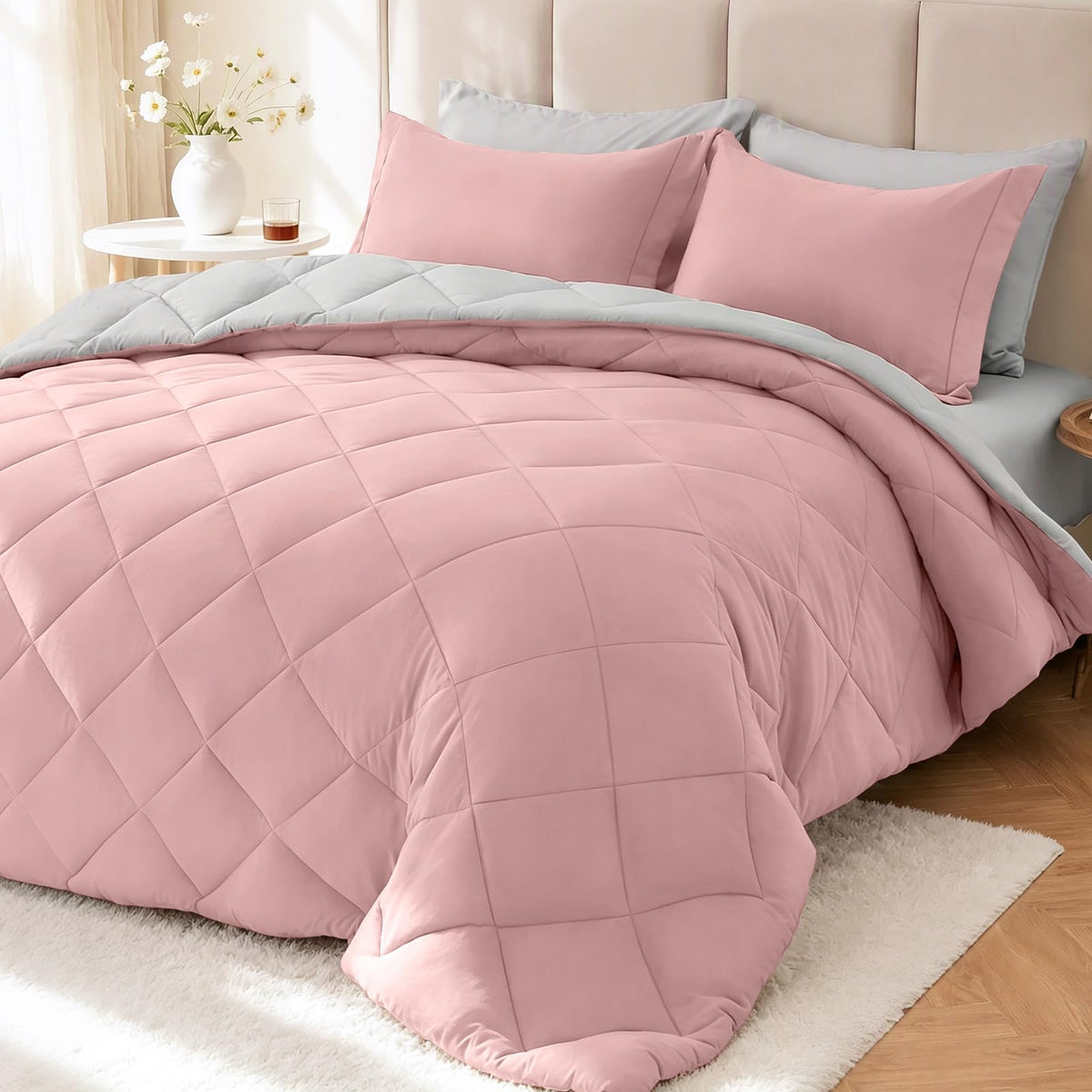 MUXHOMO Queen Comforter Set 7 Pieces, Reversible Bed in a Bag, Red/Black