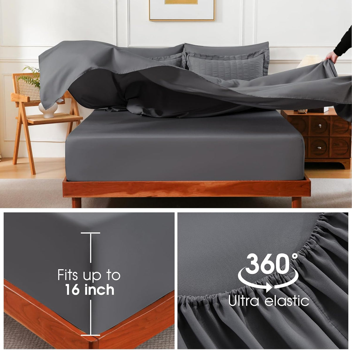 FreshCulture Comforter Set Seersucker 7 Pieces, All Season Bedding Set Queen, Bed in a Bag Comforter Set with 1 Comforter, 1 Flat Sheet, 1 Fitted Sheet, 2 Pillowcases and 2 Pillow Shams, Dark Grey