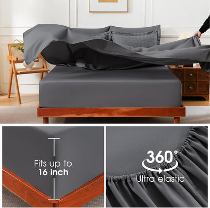 FreshCulture Comforter Set Seersucker 7 Pieces, All Season Bedding Set Queen, Bed in a Bag Comforter Set with 1 Comforter, 1 Flat Sheet, 1 Fitted Sheet, 2 Pillowcases and 2 Pillow Shams, Dark Grey