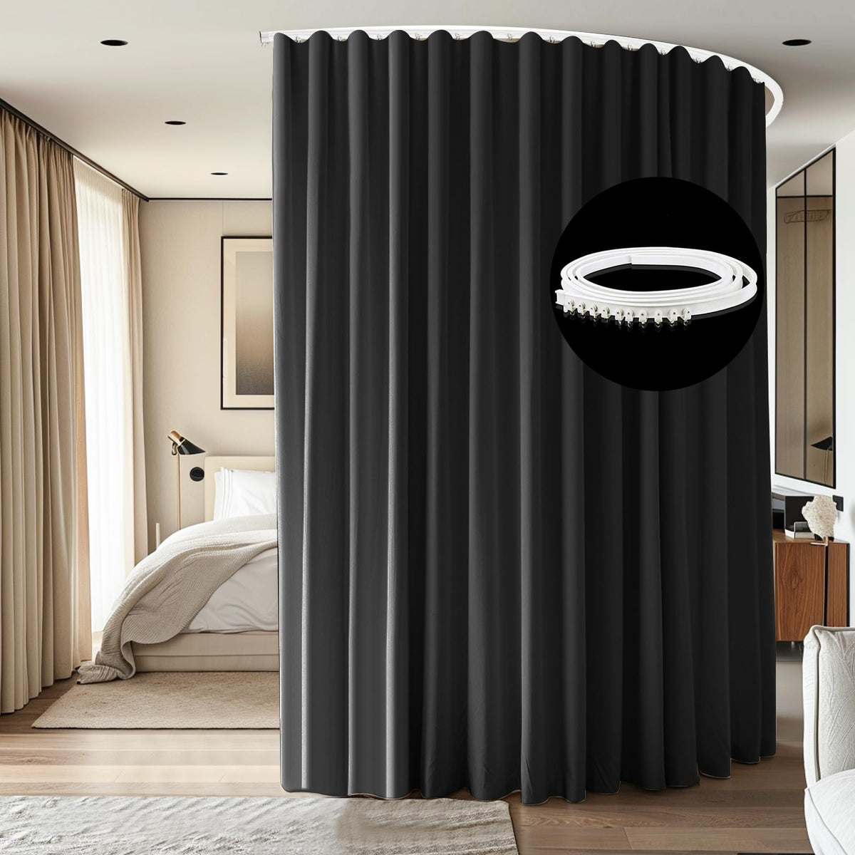 Room Divider Ceiling Mounted Curtains Track Sets Extra Wide Blackout Curtain Flexible Tracks for Bedroom Privacy Partition Separator, 1 Panel Black Drape and White Rail, W8.3 x H8ft