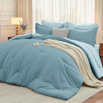 MUXHOMO Queen Comforter Set 7 Pieces, Soft Bed in a Bag, Olive Green