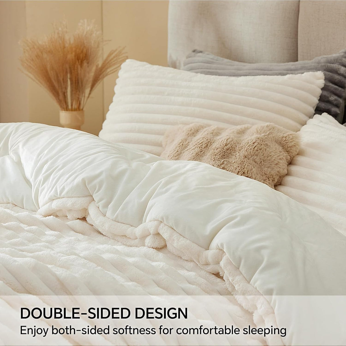 BEDELITE Fleece Full Comforter Set, Fluffy Bed Set, Cream White