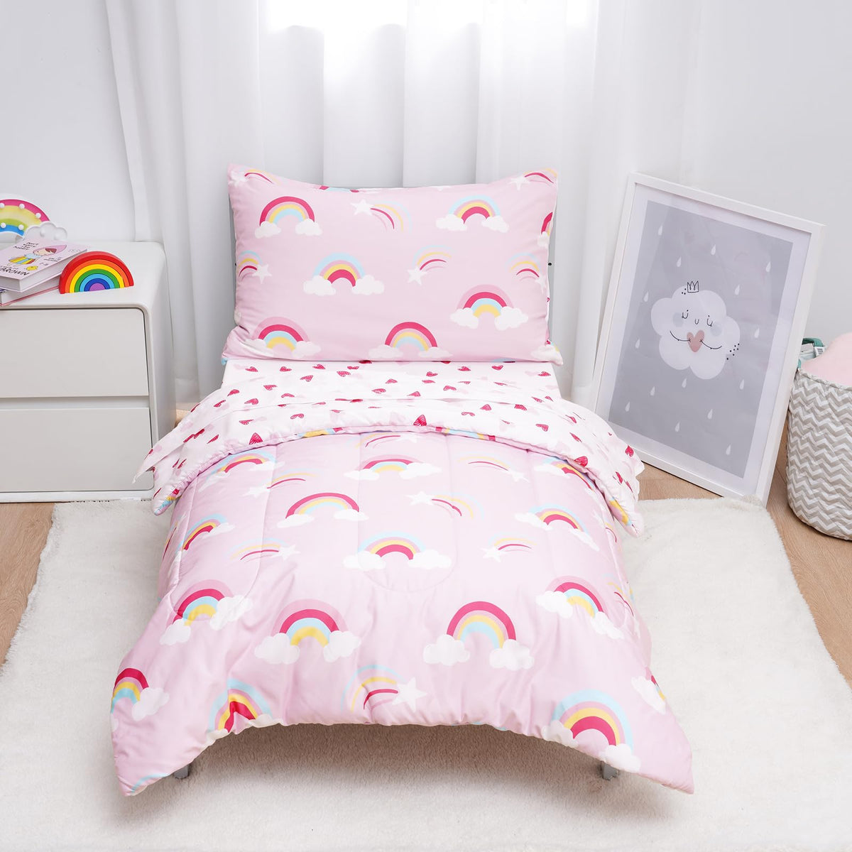 david's kids 4 Piece Toddler Bedding Set - Soft Breathable Toddler Bedding Set for Boys Girls, Includes Quilted Comforter, Flat Sheet, Fitted Sheet and Pillowcase, Dinosaur Navy