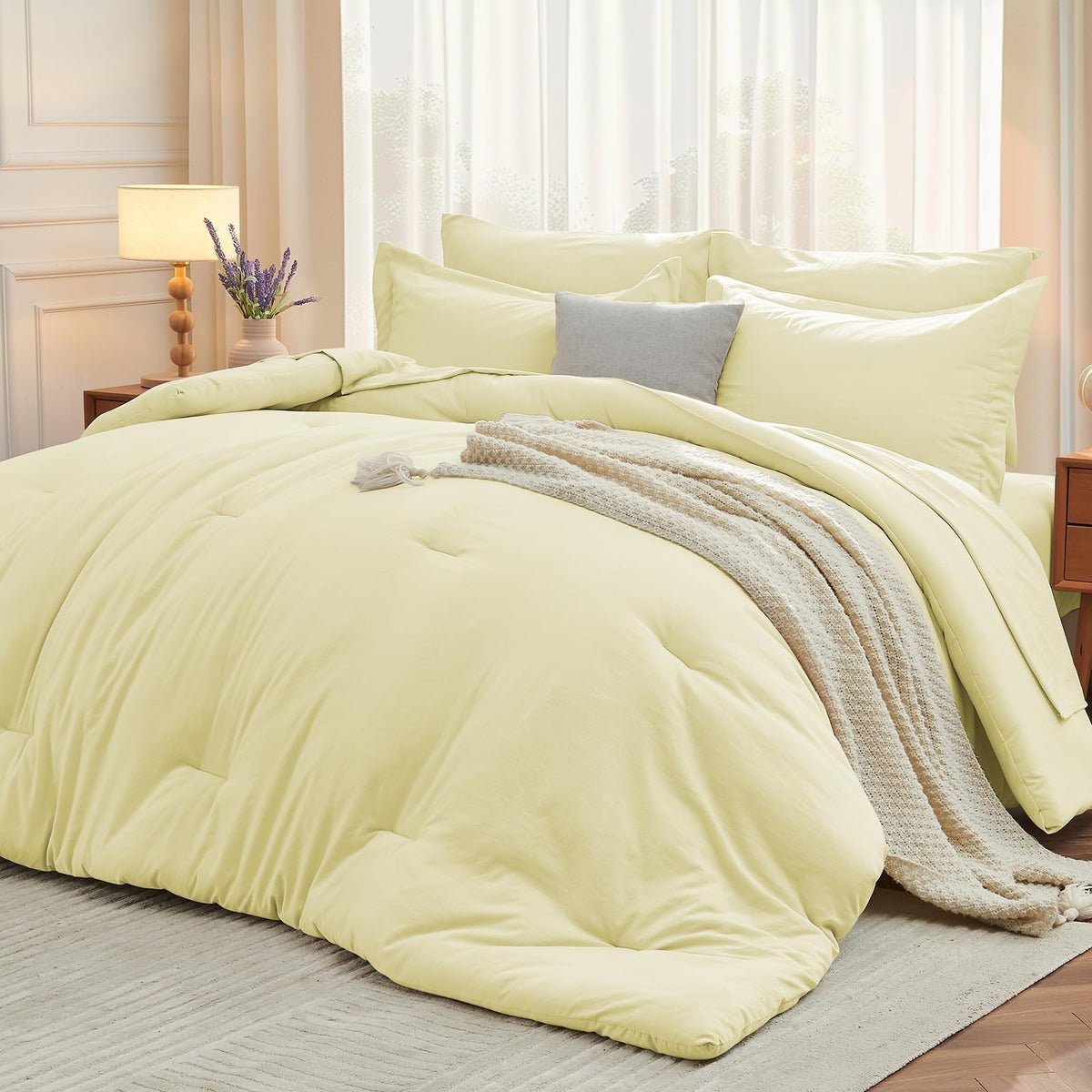 MUXHOMO Full Comforter Set 7 Pieces, Soft Bed in a Bag, Beige
