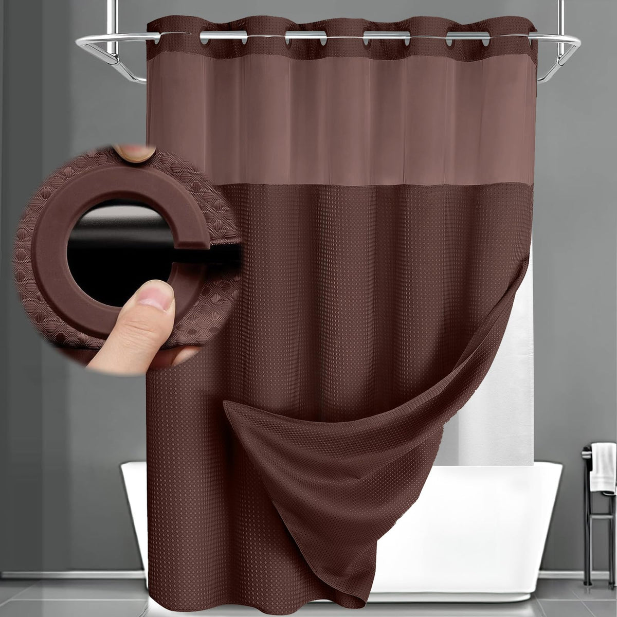 No Hook Shower Curtain with Liner Set Hotel Waffle Burgundy 72W X 75L