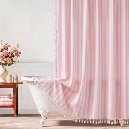 Pink Ruffled Striped Shower Curtain