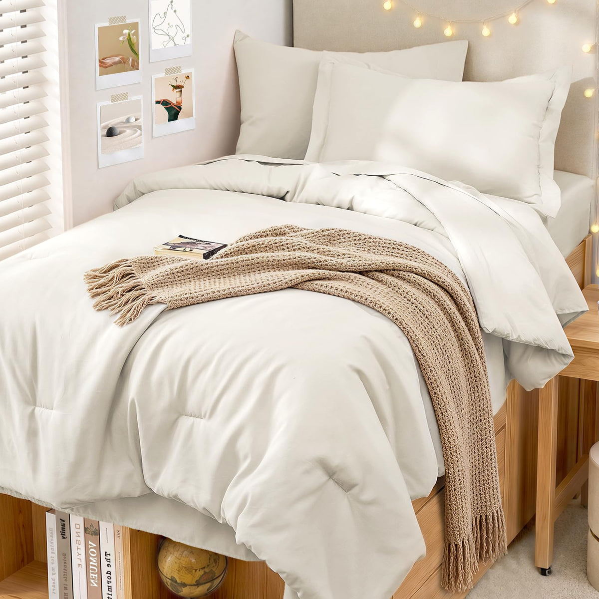 MUXHOMO Full Comforter Set 7 Pieces, Soft Bed in a Bag, Beige