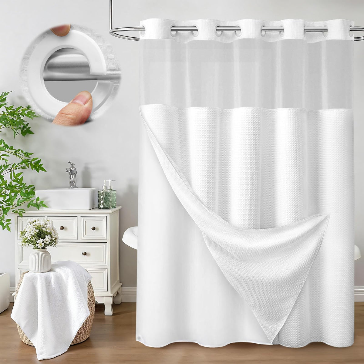 No Hook Shower Curtain with Liner Set Hotel Waffle Burgundy 72W X 75L