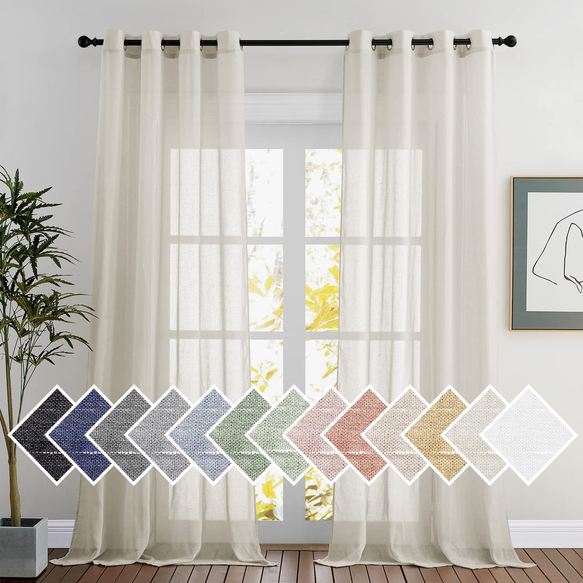 NICETOWN Semi Sheer Linen Ivory Curtains for Bedroom, W52xL84, 2 Panels