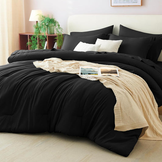 CozyLux Queen Comforter Set Black, 7 Pieces Bed in a Bag