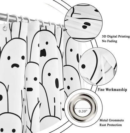 Halloween Shower Curtain, Black and White Funny Ghosts Icons Spooky Cute Halloween Bathroom Curtain Waterproof Fabric Machine Washable with Hooks, 72" Wx72 L