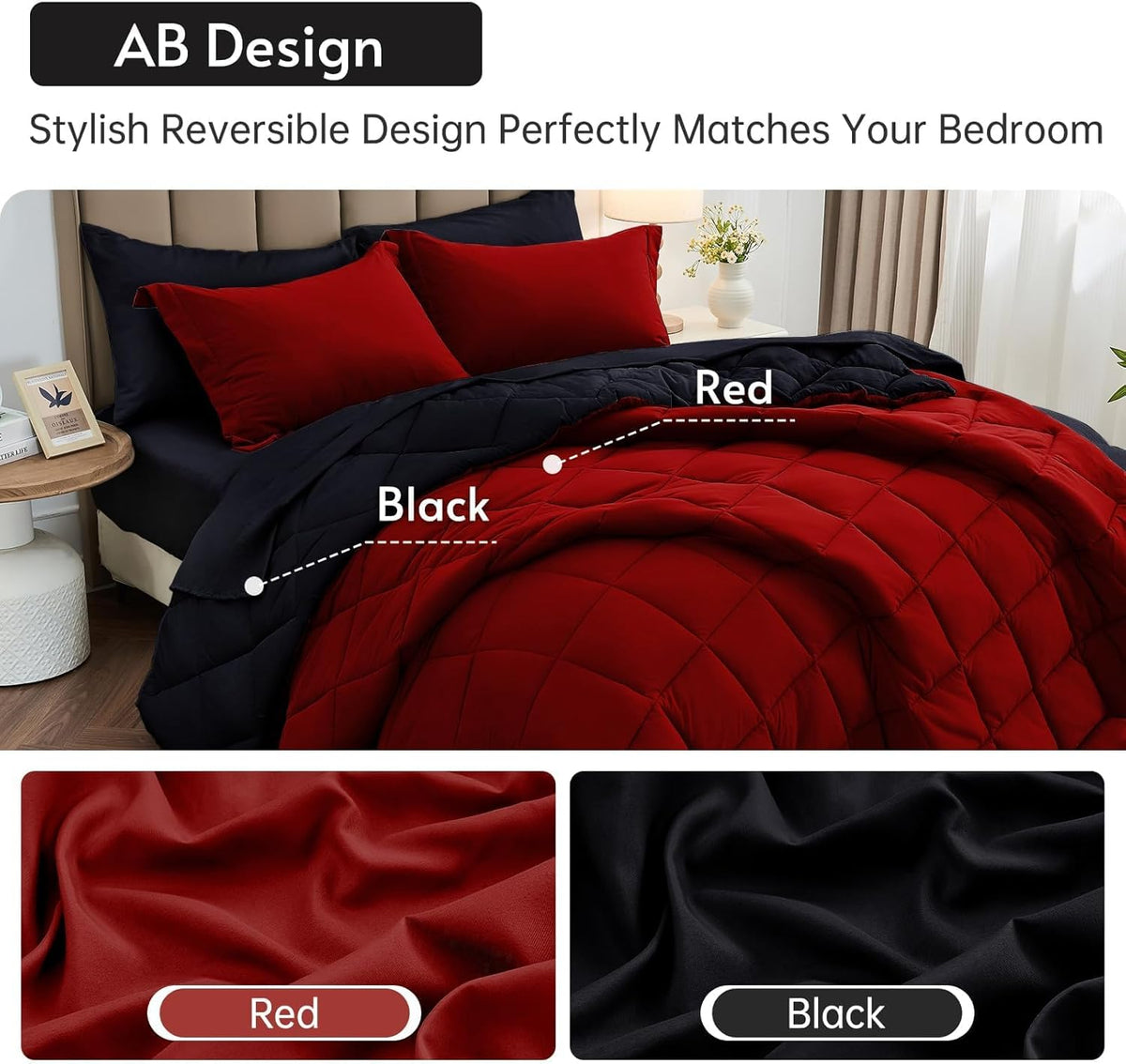 MUXHOMO Queen Comforter Set 7 Pieces, Reversible Bed in a Bag, Red/Black