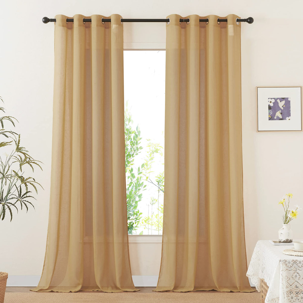 NICETOWN Semi Sheer Linen Ivory Curtains for Bedroom, W52xL84, 2 Panels