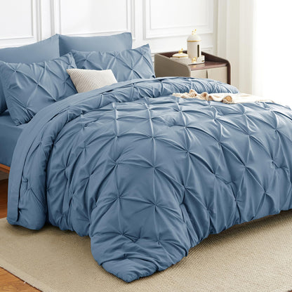 HIMEET Queen Comforter Set Black - 7 Pieces Pintuck Bed in a Bag