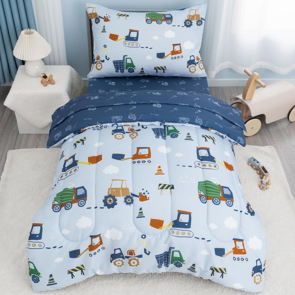 david's kids 4 Piece Toddler Bedding Set - Soft Breathable Toddler Bedding Set for Boys Girls, Includes Quilted Comforter, Flat Sheet, Fitted Sheet and Pillowcase, Dinosaur Navy