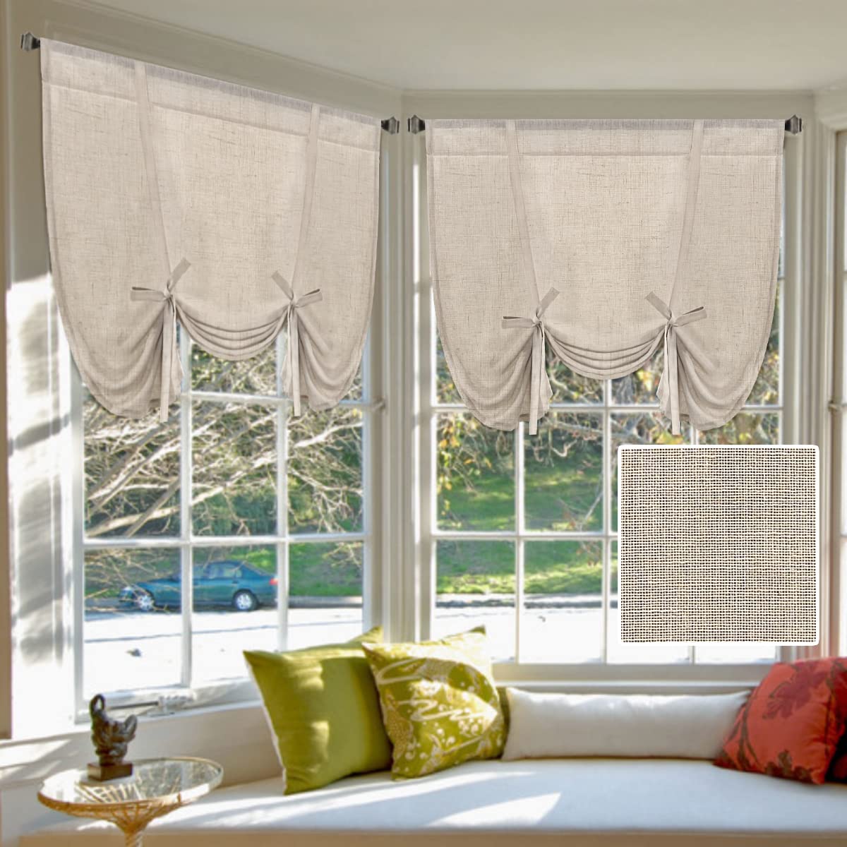 H.VERSAILTEX Tie Up Linen Curtains 63 Inch Length Nature Linen Textured Privacy Curtain Multi Hanging Ways Shade Balloon Window Shade Rod Pocket Casual Curtain - 42x63 - Natural