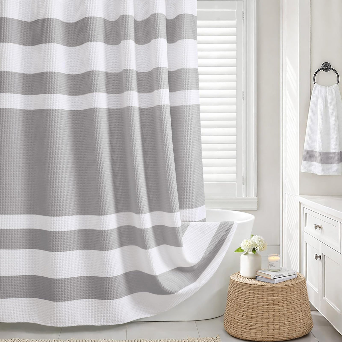 White Waffle Weave Shower Curtain 258GSM Heavyweight Cotton Fabric 72Wx72L
