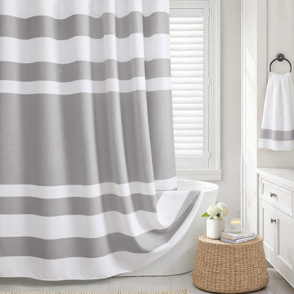 White Waffle Weave Shower Curtain 258GSM Heavyweight Cotton Fabric 72Wx72L