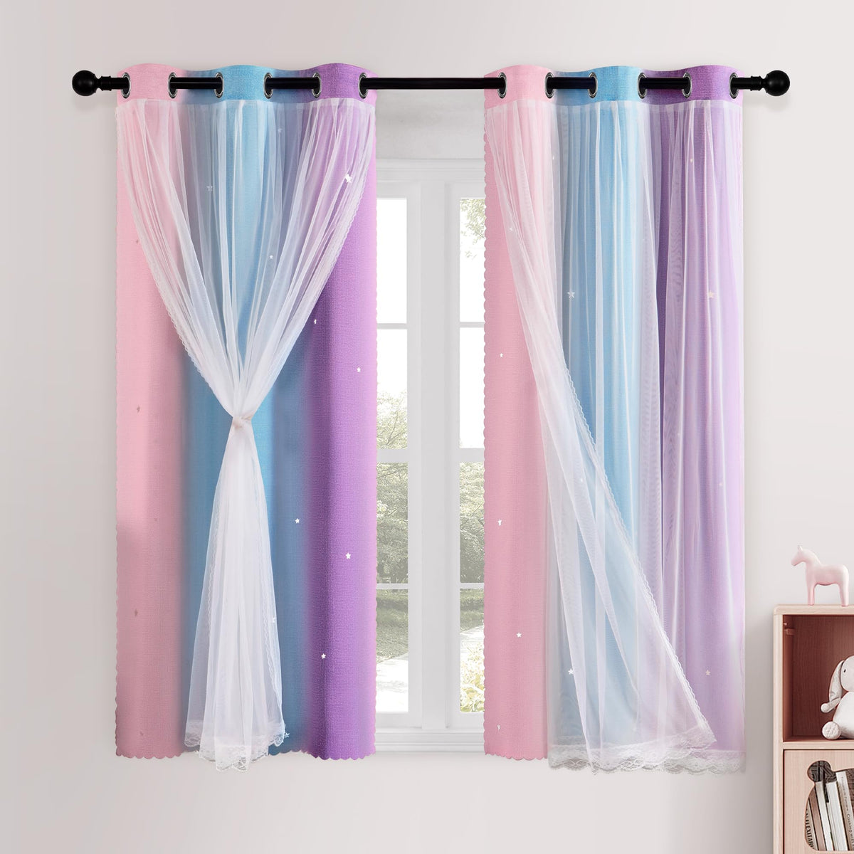 XiDi Blackout Curtains for Girls Bedroom Decor Pink Kids Rainbow Curtains