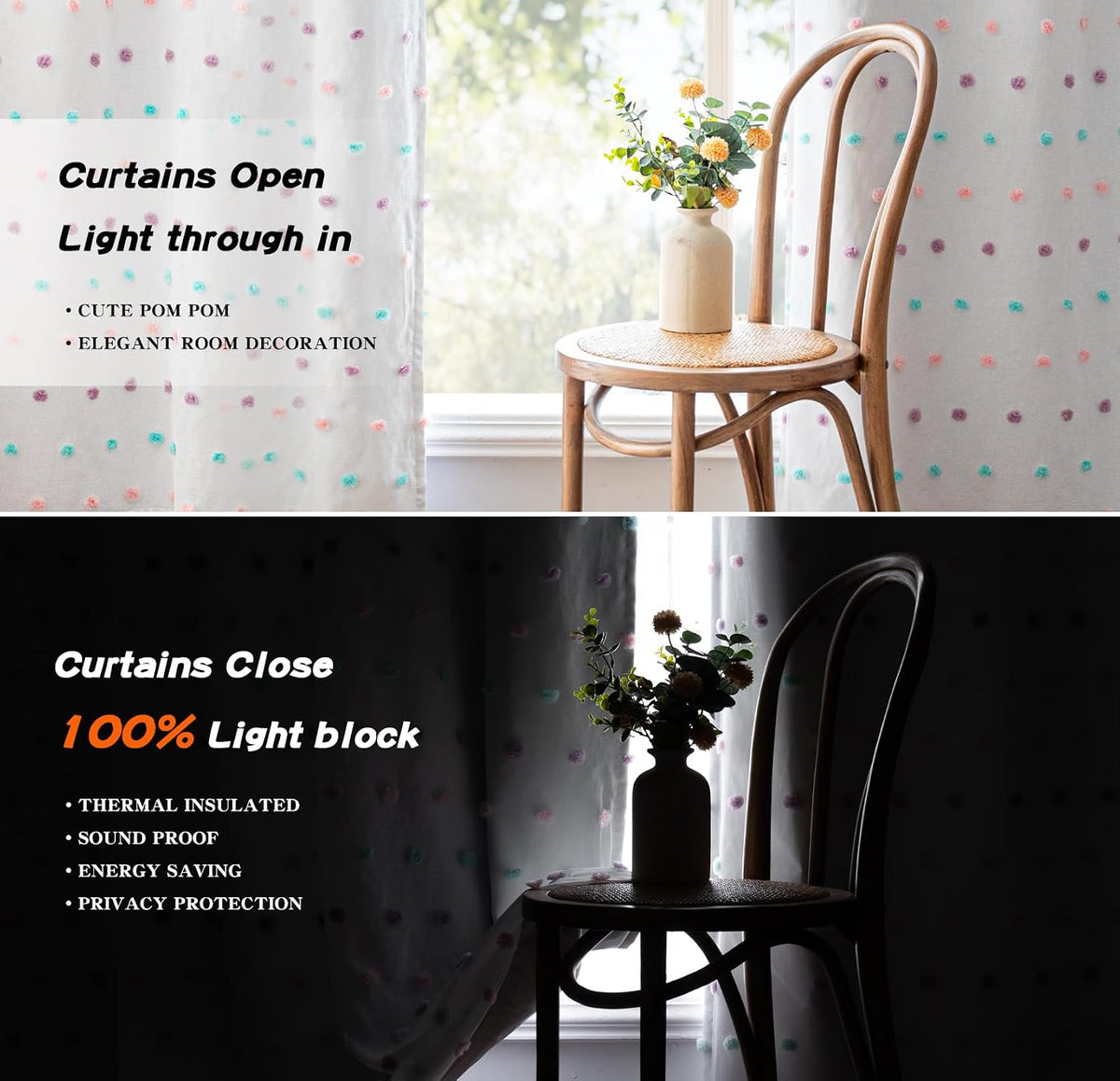 MYSKY HOME Kids Blackout Curtains for Boys Bedroom 84 Inch Long 100% Light Blocking Cute Curtains for Playing Room 2 Panels Grommet Nursery Drapes with Rainbow Pom Pom Sheer 2 Layered 50W x 84L