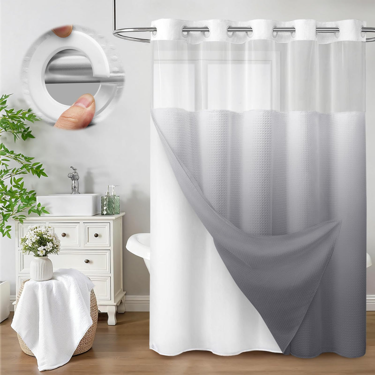 No Hook Shower Curtain with Liner Set Hotel Waffle Burgundy 72W X 75L