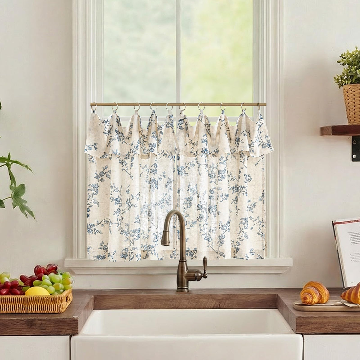 jinchan Floral Linen Kitchen Tier Curtains, 24 Inch, 2 Panels, Green